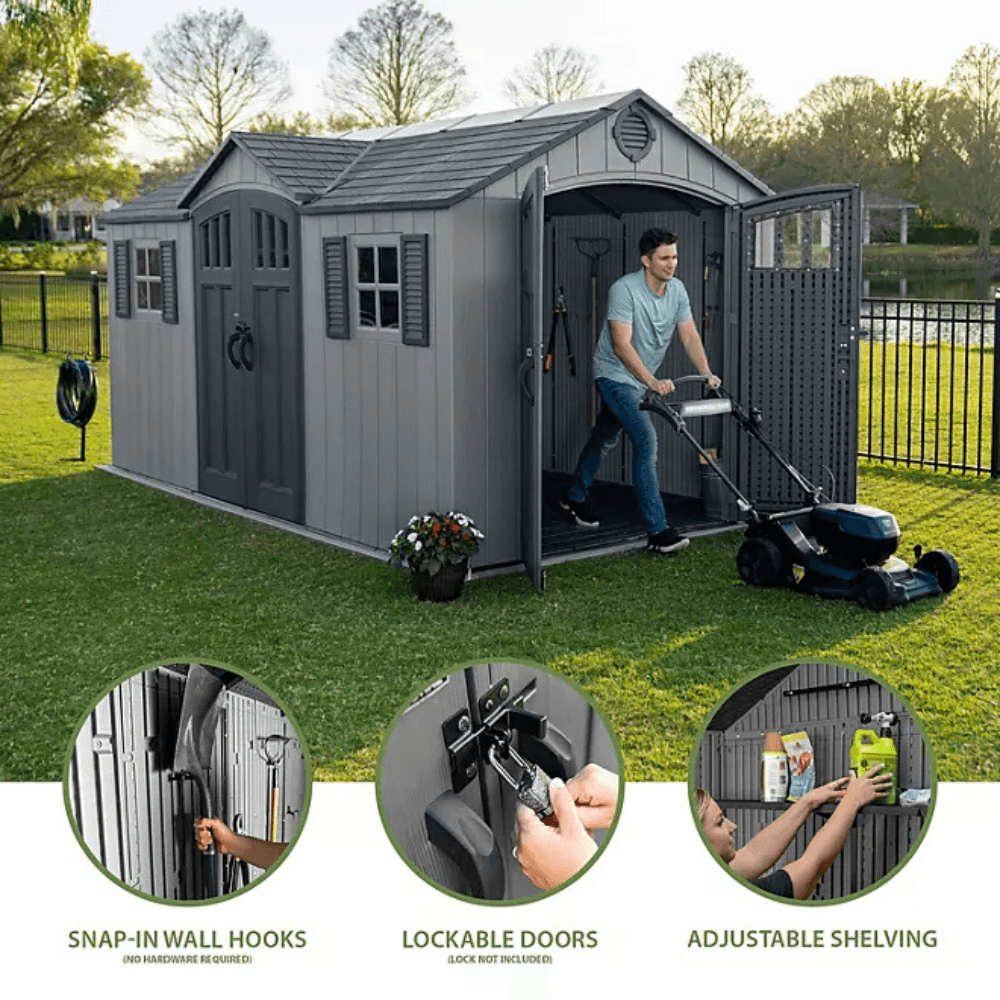 Lifetime 15′ x 8′ Dual Entry Outdoor Storage Shed, Gray - Image 2