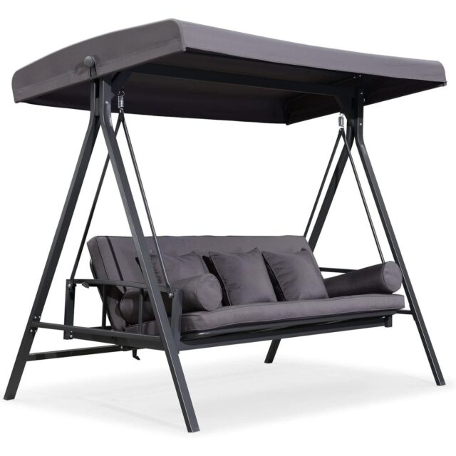 PURPLE LEAF 3-seat Outdoor Patio Porch Swing Adjustable Backrest, Cushions and Pillow Included