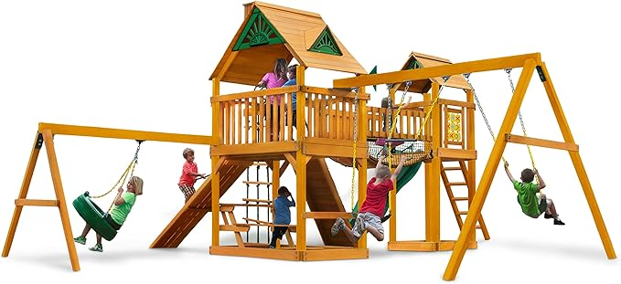 Gorilla Playsets Pioneer Peak Treehouse Wooden Swing Set with Tire Swing, and Clatter Bridge and Tower - Image 3